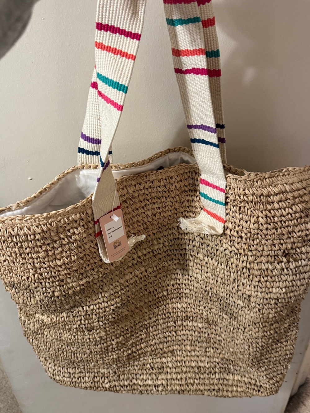 Woven Straw Tote with Multicolor Striped Canvas Straps - Natural